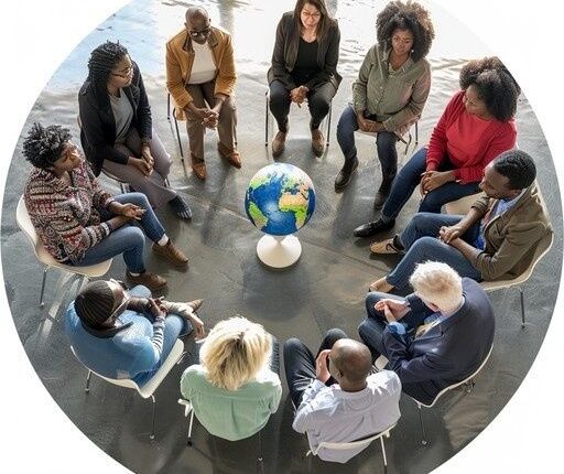 Diverse groep mensen bespreekt een wereldbol tijdens een burgerberaad