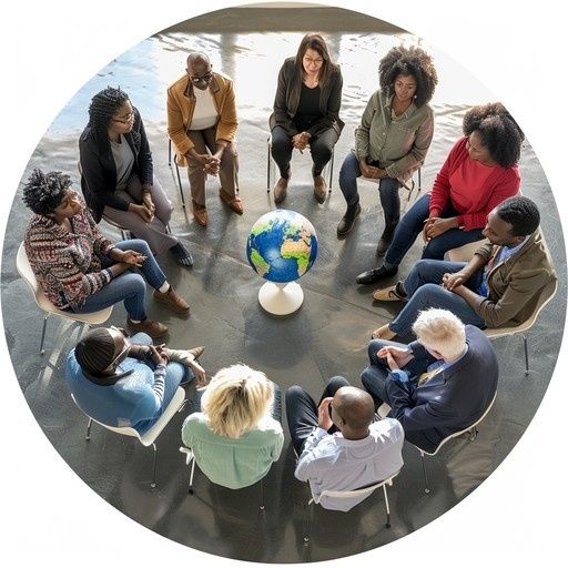 Diverse groep mensen bespreekt een wereldbol tijdens een burgerberaad