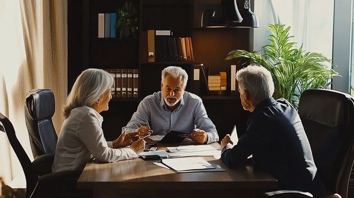 Drie oudere volwassenen bespreken documenten aan een vergadertafel